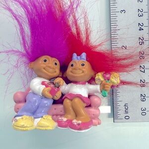 Vintage Russ Troll Doll Boy Girl on Couch plus Easter troll Flowers